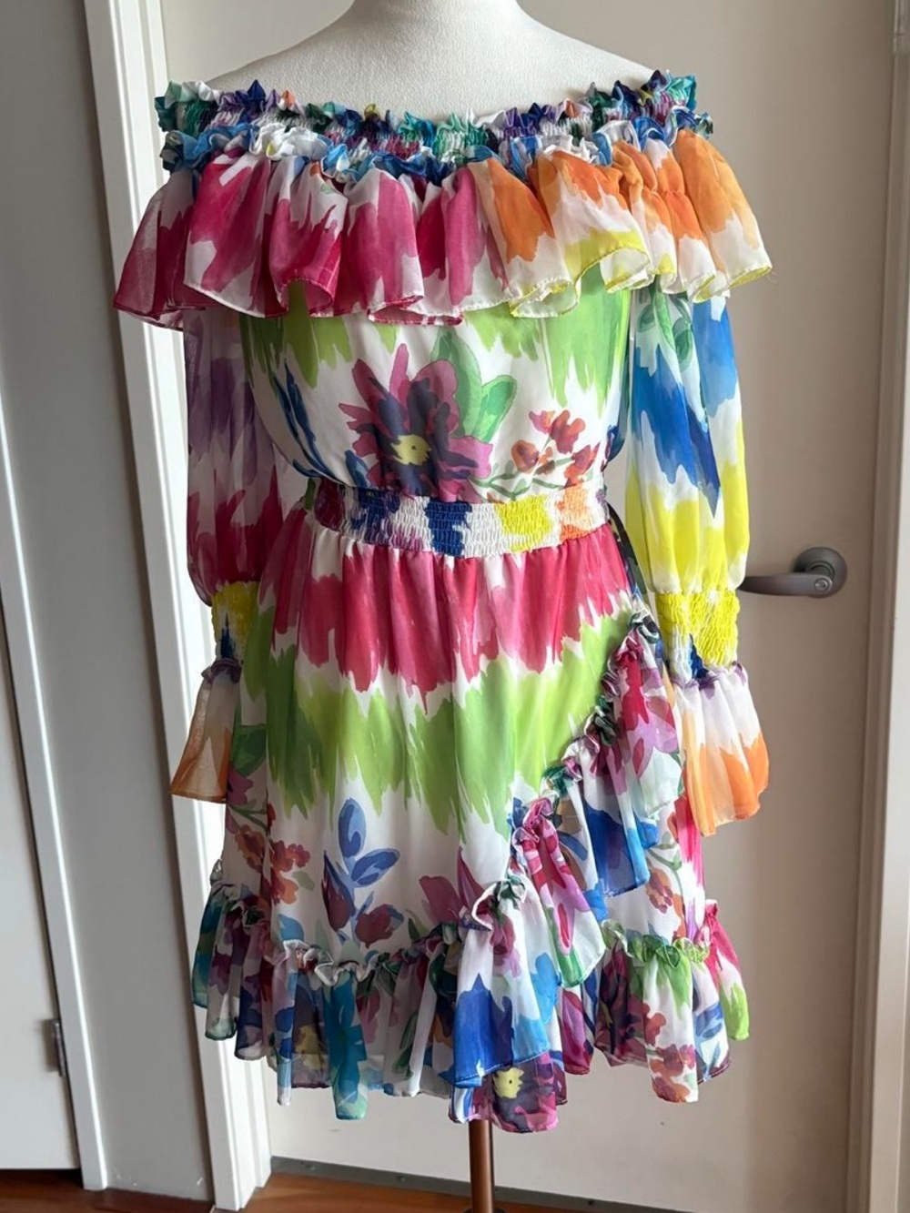 PatBO Bloom Off Shoulder Floral Ruffle Mini Dress NWT S